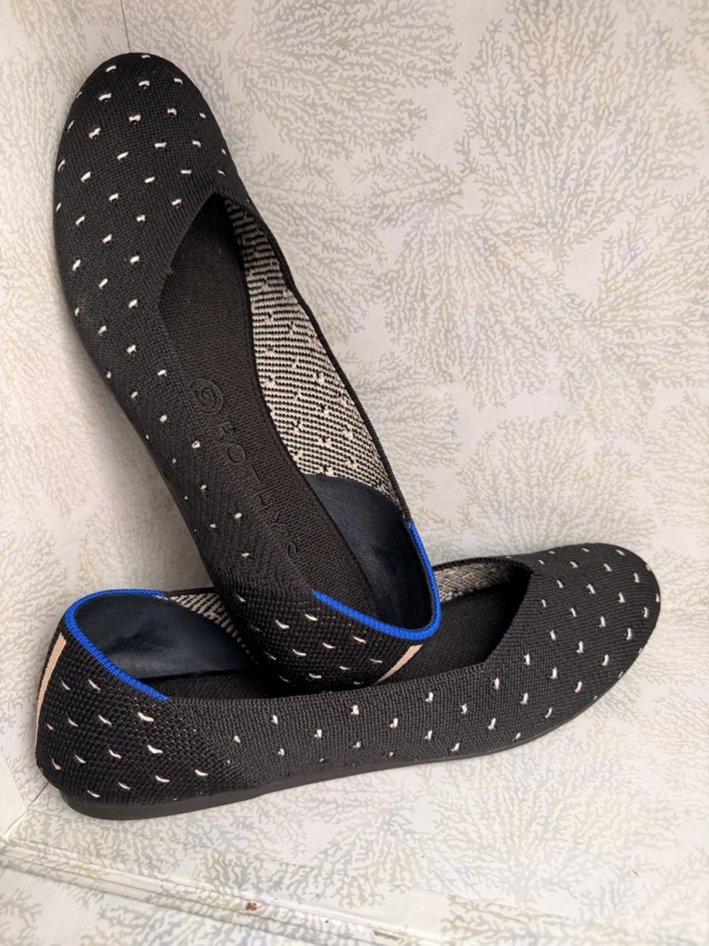 Rothy's Black Knit Ballet Flats with Blue Trim Accents